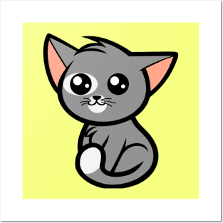 Cute Grey Kawaii Kitten Posters and Art